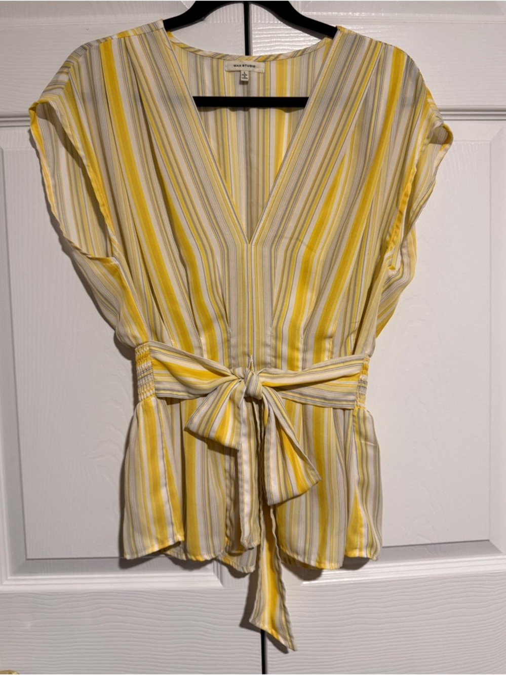 Max Studio Yellow and Cream Striped V-Neck Tie-Waist Blouse